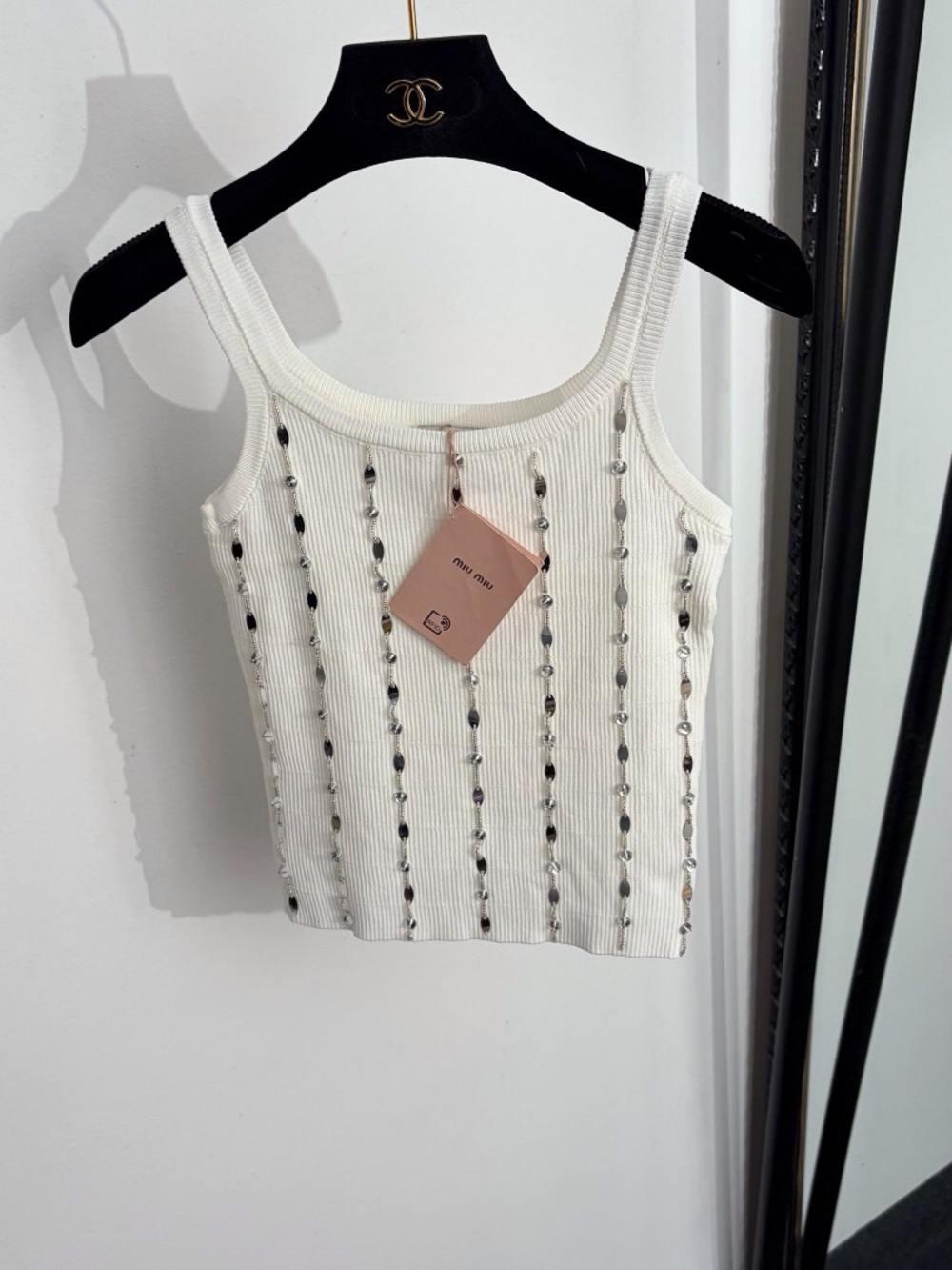 Miu Miu Ivory Ribbed Beaded Tank Top